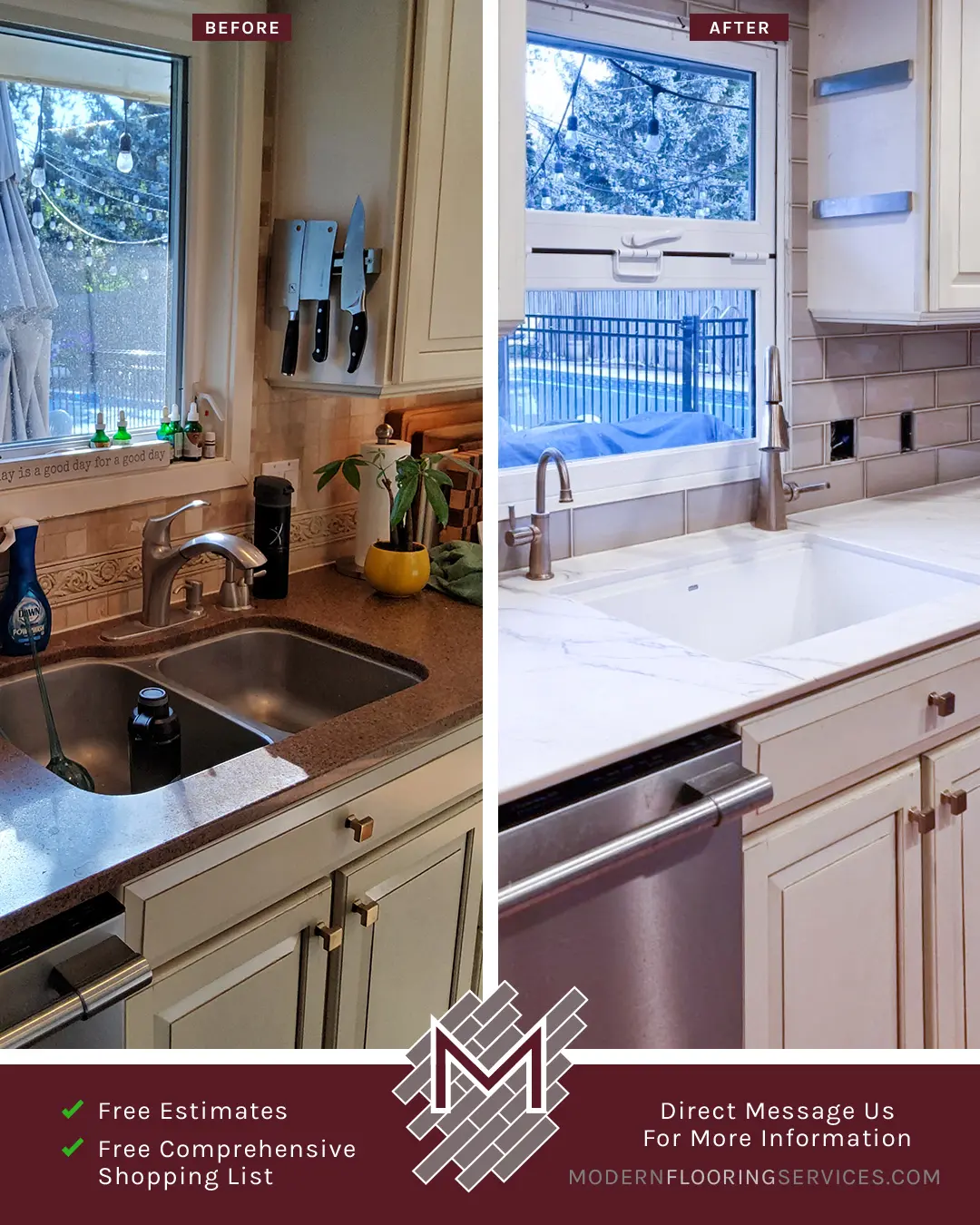 Before and After. Exquisite Kitchen Makeover, Backsplash Tile Installation By Modern Flooring Services.