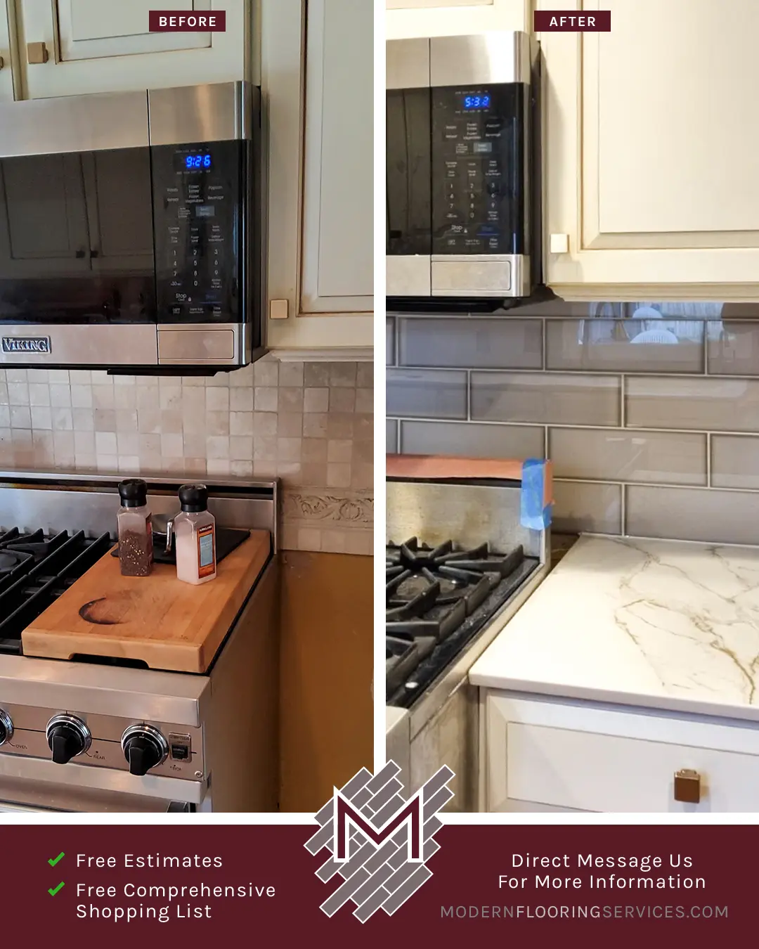 Before and After. Exquisite Kitchen Makeover, Backsplash Tile Installation By Modern Flooring Services.
