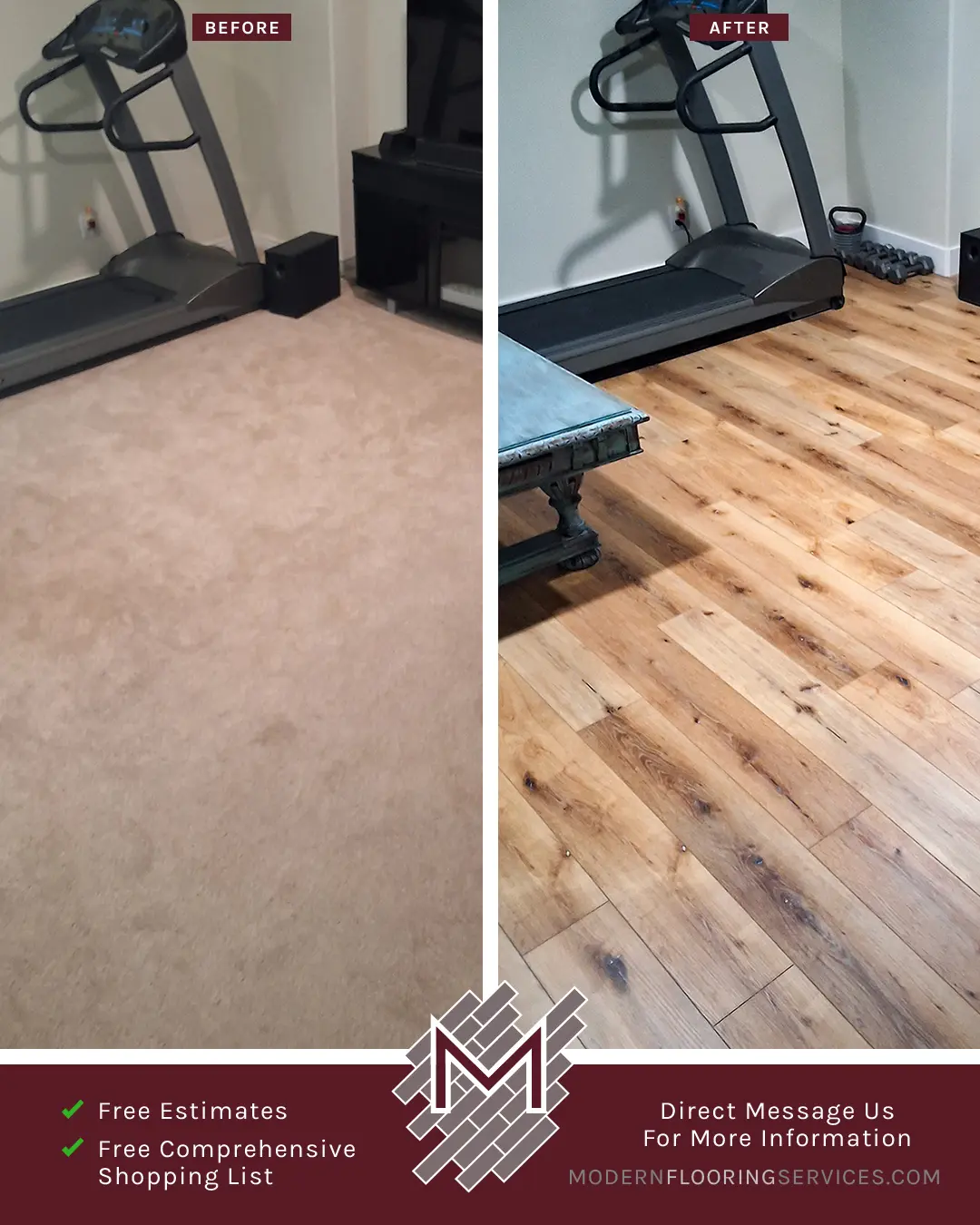 Before and After. Vinyl Flooring Installation By Modern Flooring Services.