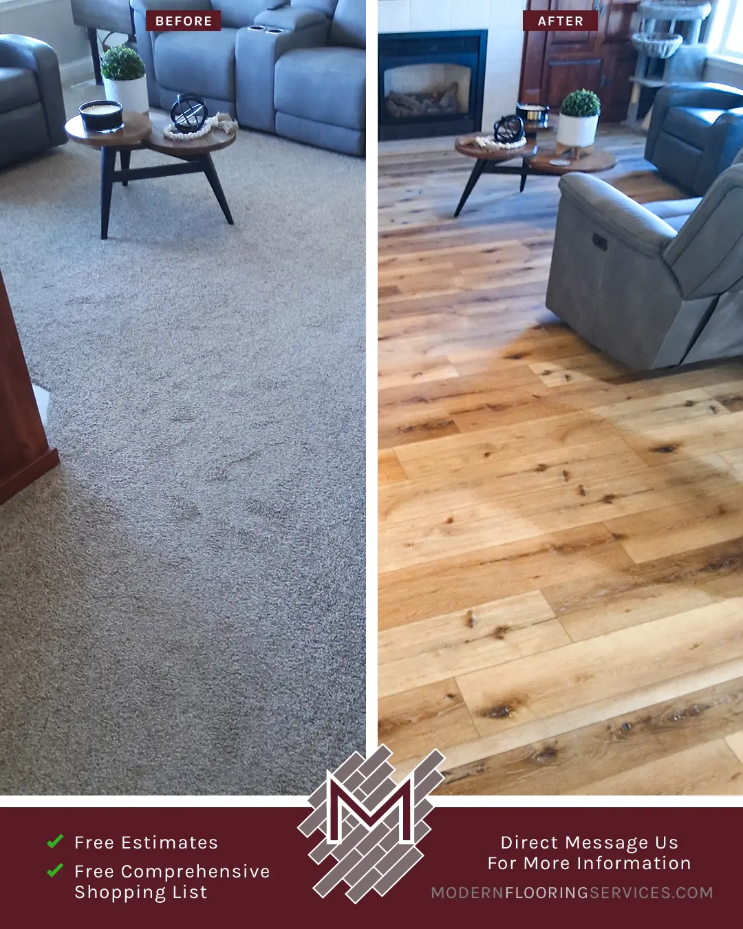 Before and After. Vinyl Flooring Installation By Modern Flooring Services.