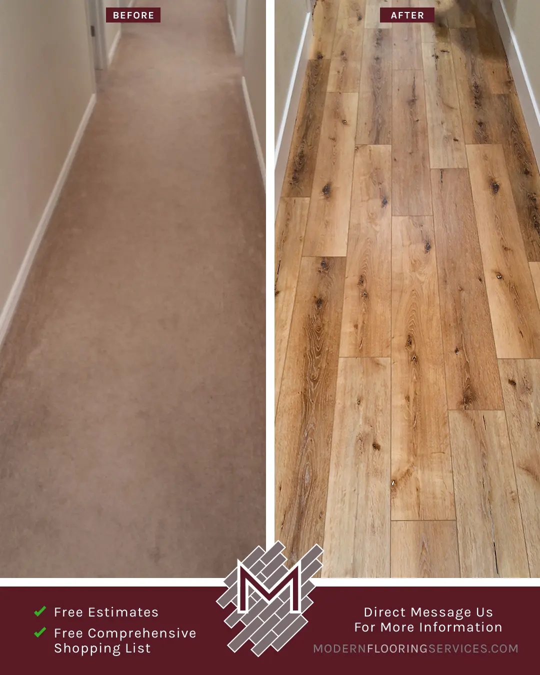 Before and After. Vinyl Flooring Installation By Modern Flooring Services.