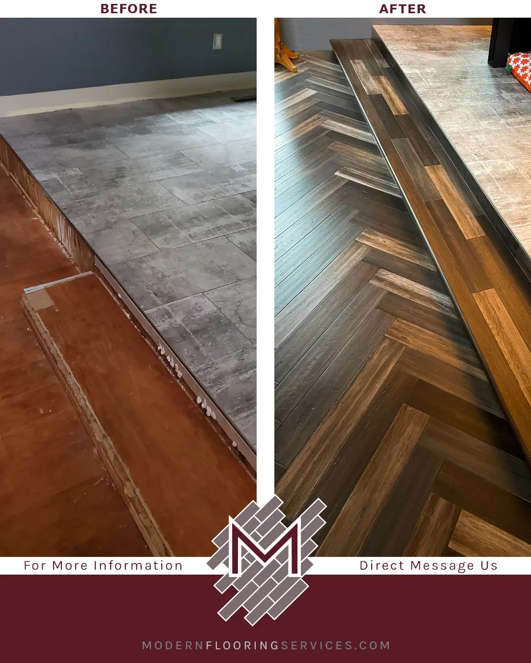 Before and After. Axis Herringbone Hand Scraped Engineered Stranded Bamboo Flooring Installation.