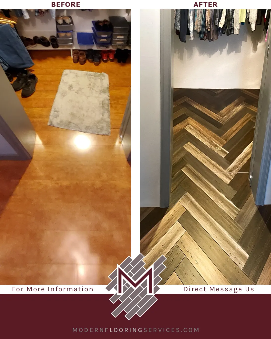 Before and After. Axis Herringbone Hand Scraped Engineered Stranded Bamboo Flooring Installation.