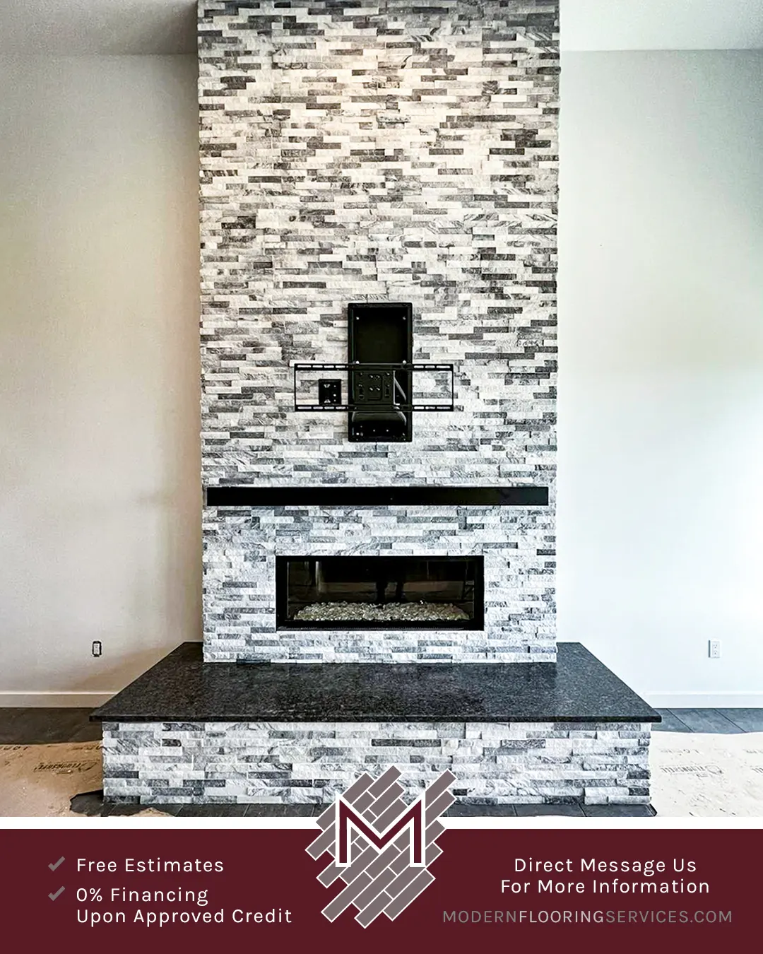 MSI Rockmount Stacked Stone Ledger Panels Fireplace Installation By Modern Flooring Services.