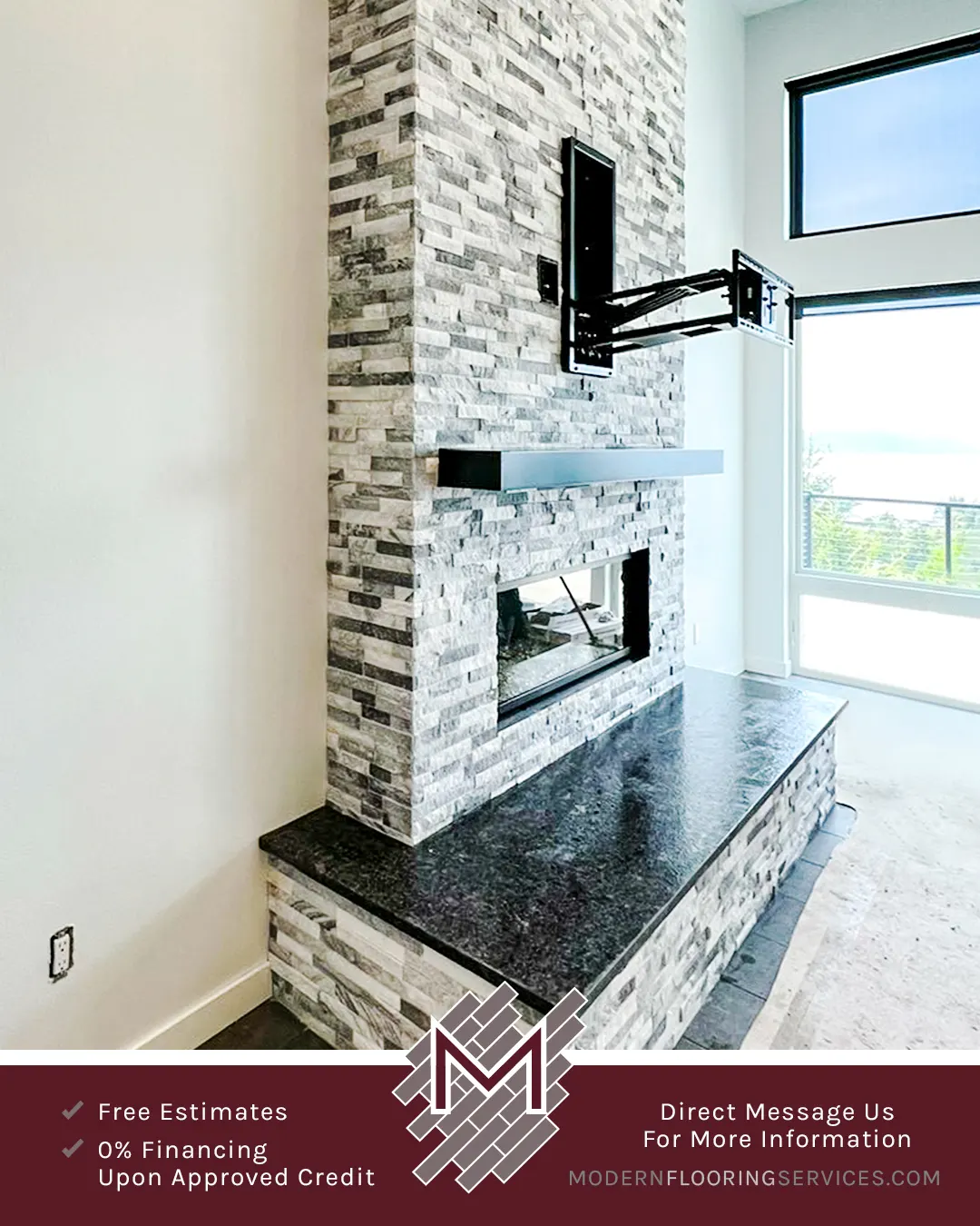 MSI Rockmount Stacked Stone Ledger Panels Fireplace Installation By Modern Flooring Services.