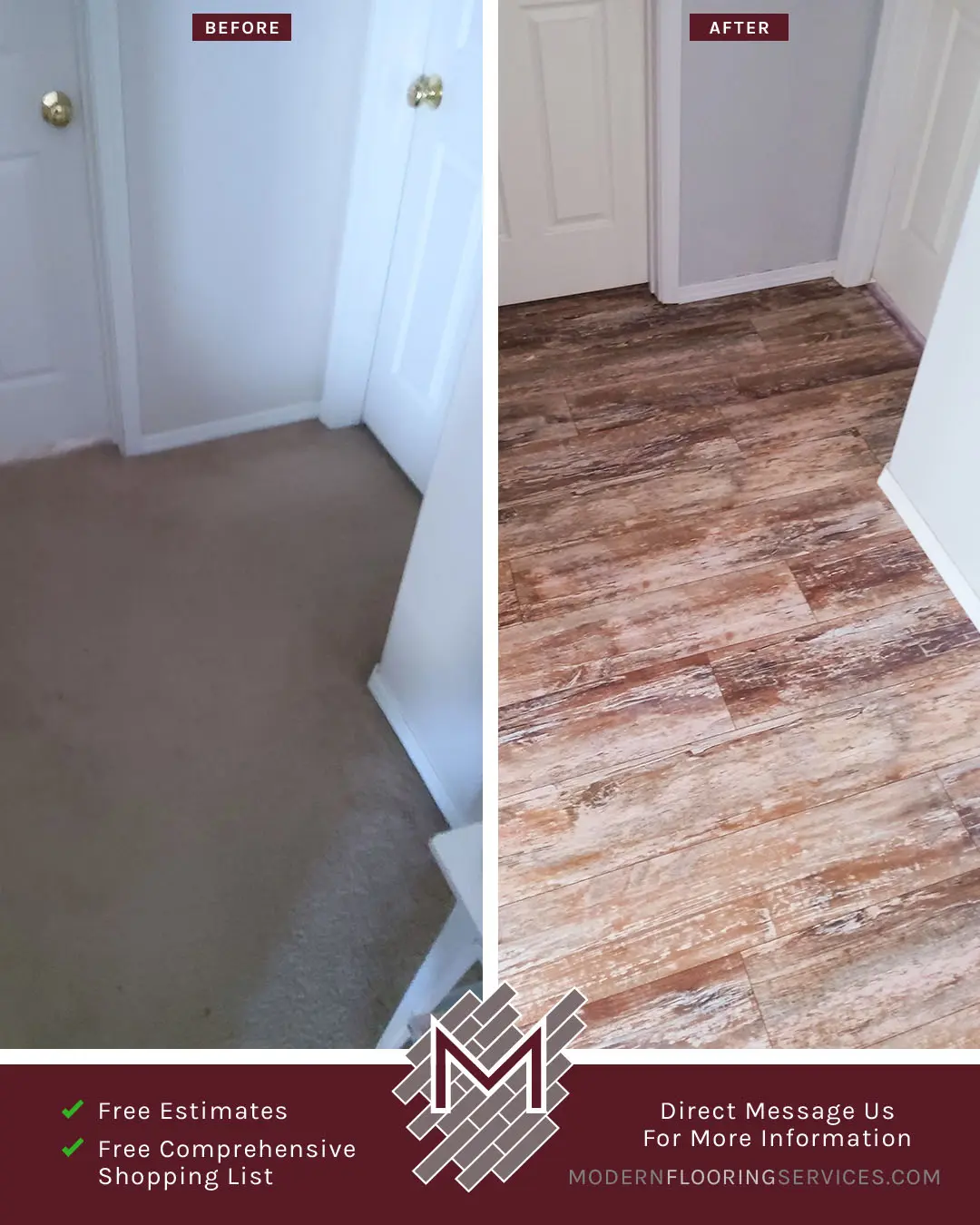 Before and After. Laminate Flooring Installation By Modern Flooring Services.