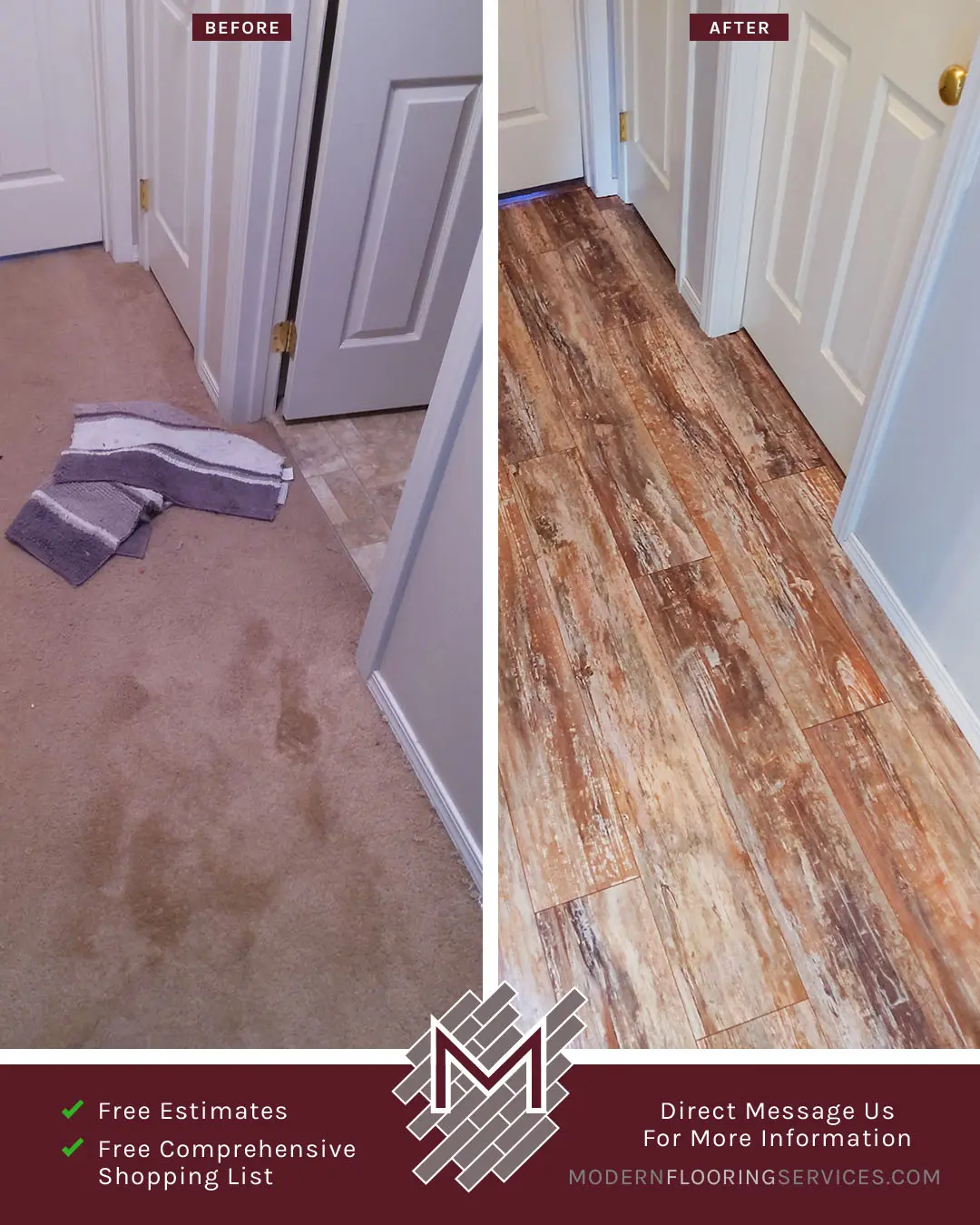 Before and After. Laminate Flooring Installation By Modern Flooring Services.