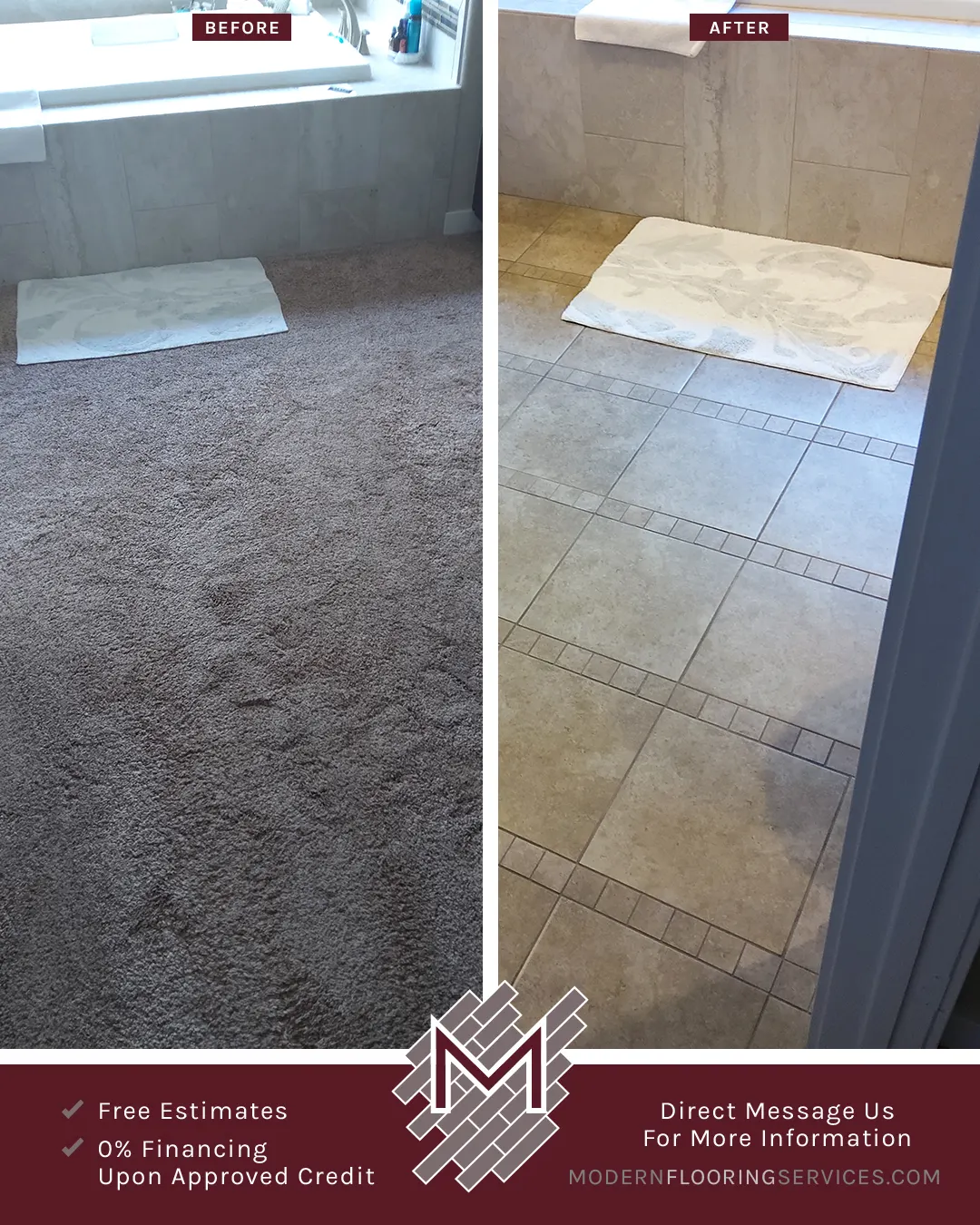 Before and After. Old Carpet Removal and New Tile Flooring Installation By Modern Flooring Services.
