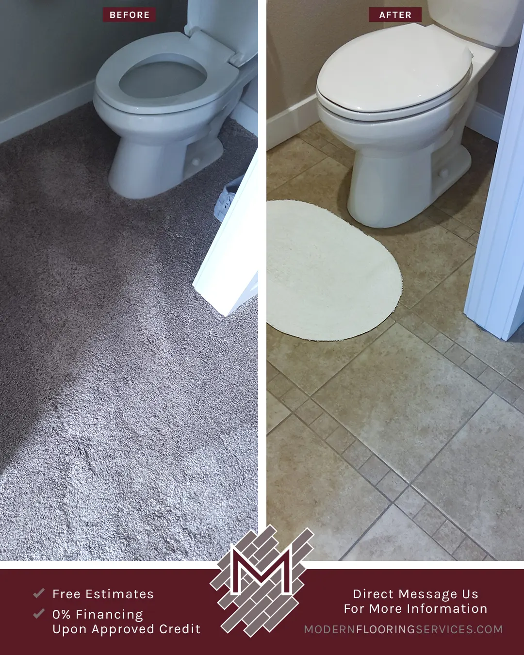 Before and After. Old Carpet Removal and New Tile Flooring Installation By Modern Flooring Services.
