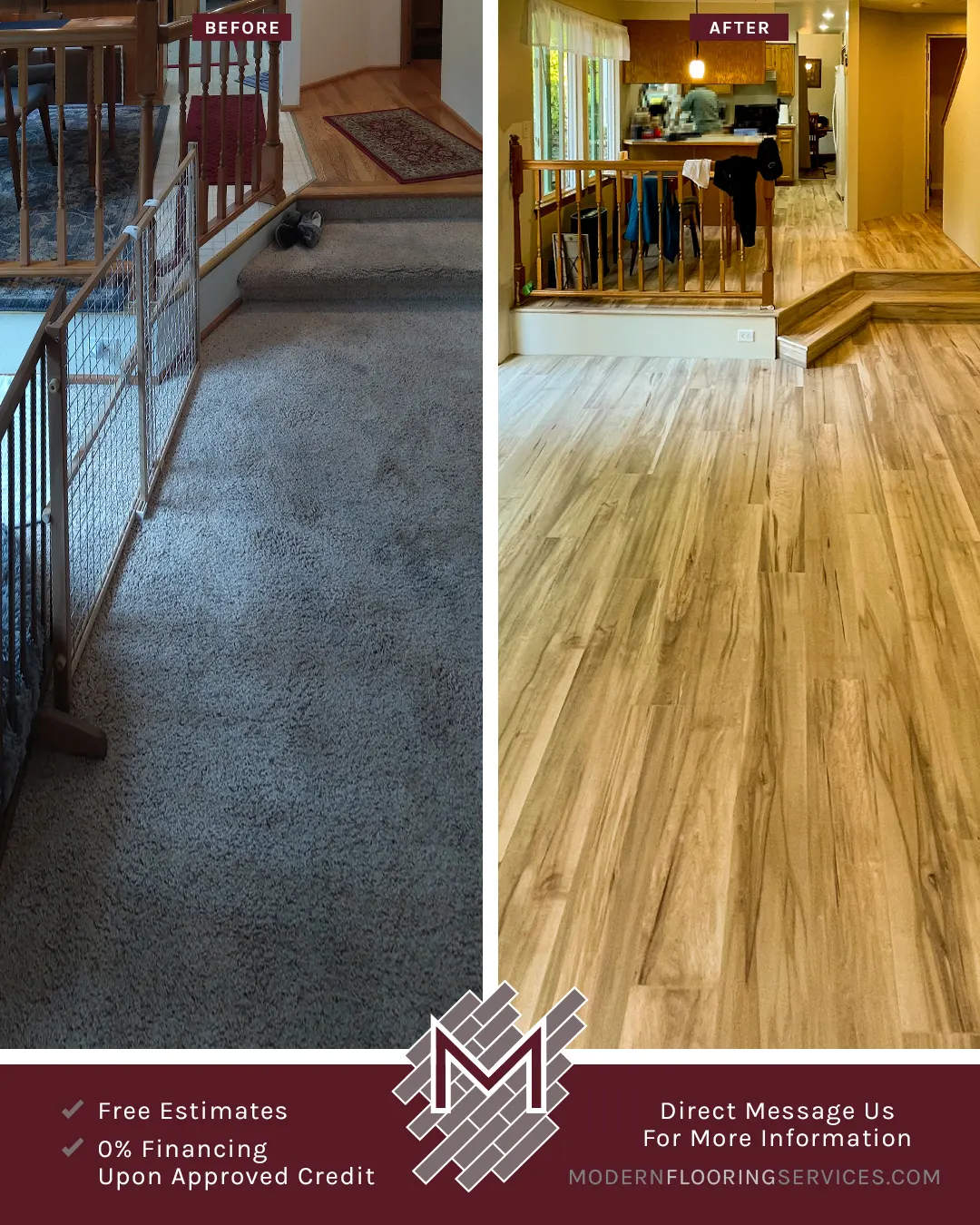 Before and After. Duravana Preston Peak Maple Waterproof Hybrid Resilient Flooring Installation.