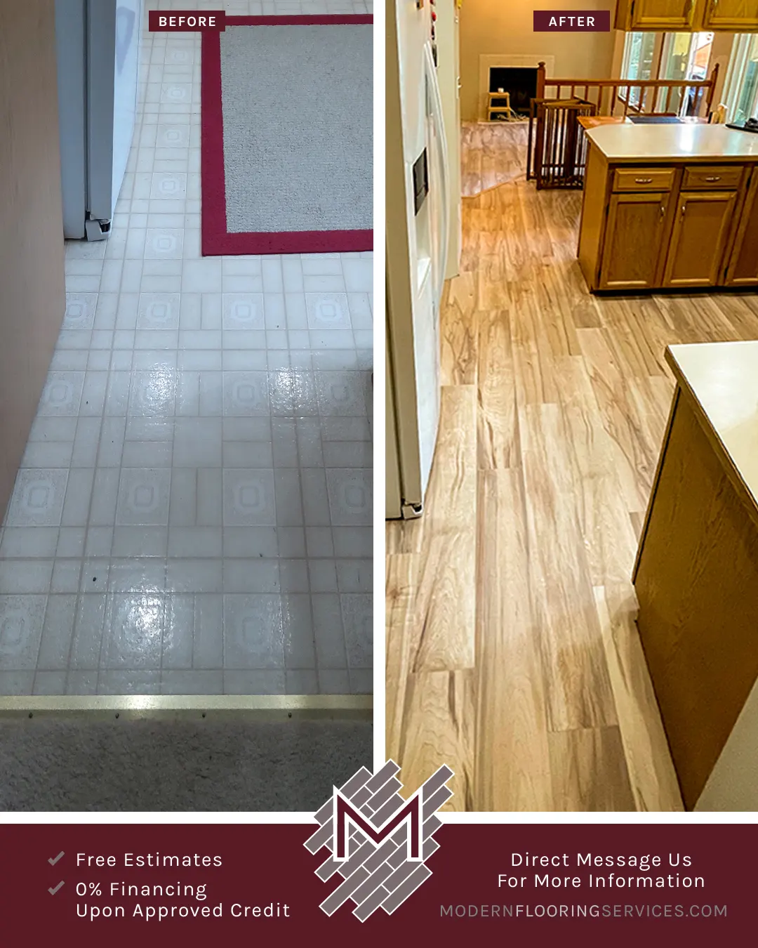 Before and After. Duravana Preston Peak Maple Waterproof Hybrid Resilient Flooring Installation.