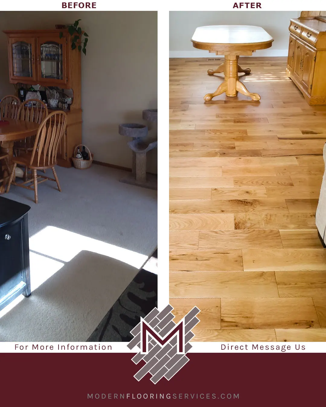 Before and After. Somersworth Oak Distressed Solid Hardwood Flooring Installation.