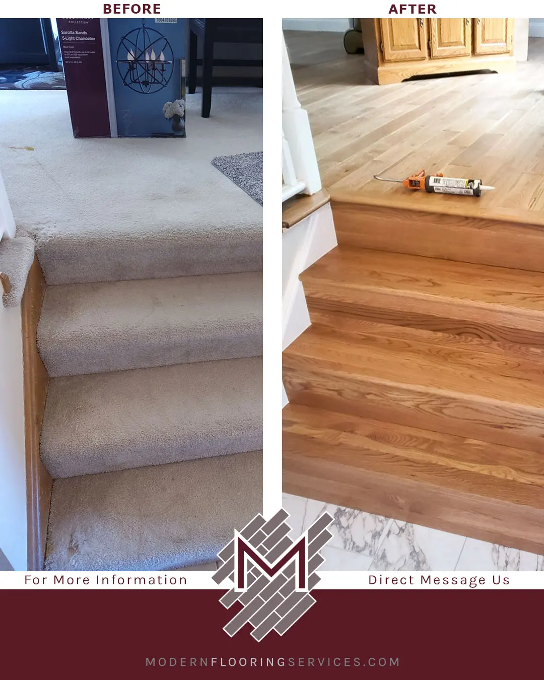 Before and After. Somersworth Oak Distressed Solid Hardwood Flooring Installation.