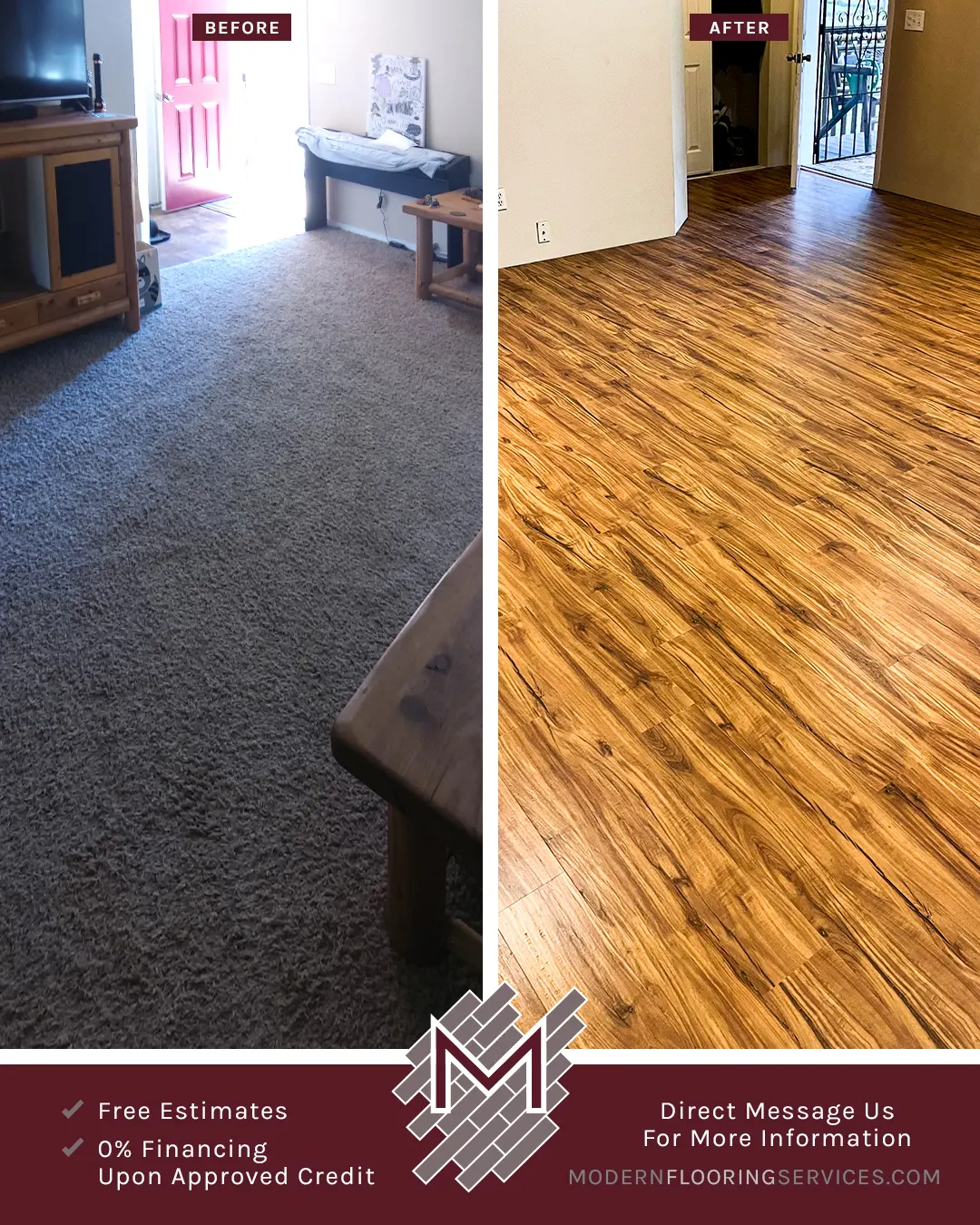 Before and After. Tranquility Ultra Golden Teak Waterproof Luxury Vinyl Plank Flooring Installation.