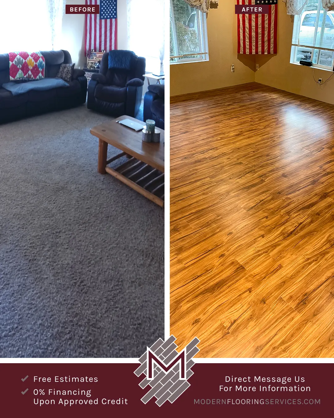 Before and After. Tranquility Ultra Golden Teak Waterproof Luxury Vinyl Plank Flooring Installation.