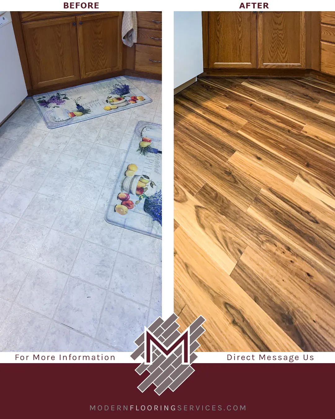 Before and After. CoreLuxe Tobacco Road Acacia Rigid Vinyl Plank Flooring Installation.