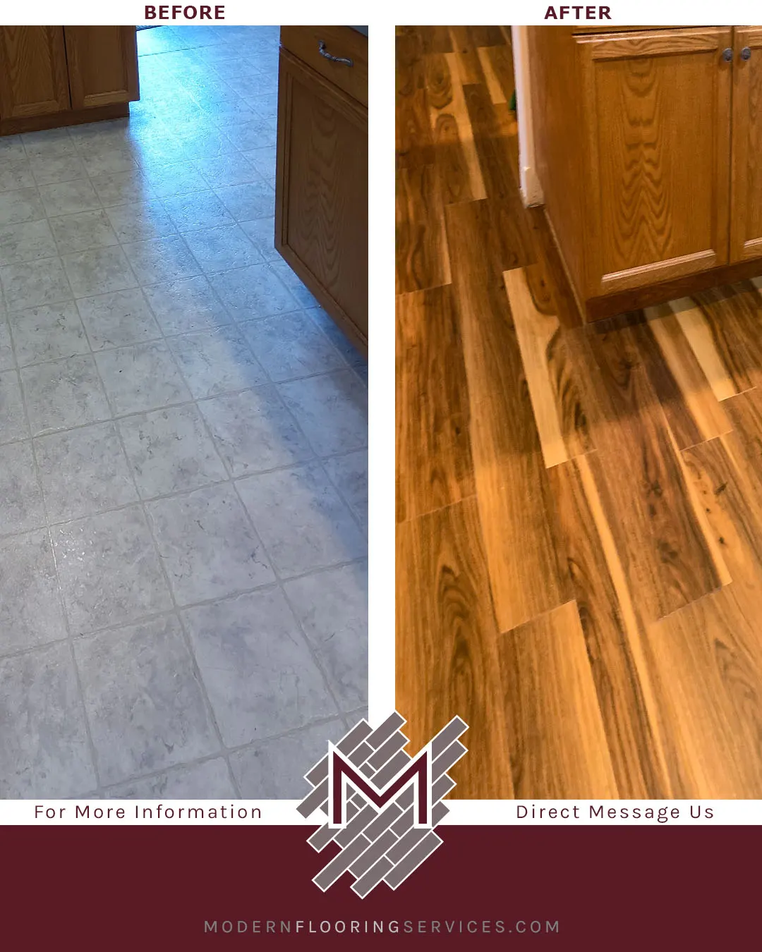 Before and After. CoreLuxe Tobacco Road Acacia Rigid Vinyl Plank Flooring Installation.