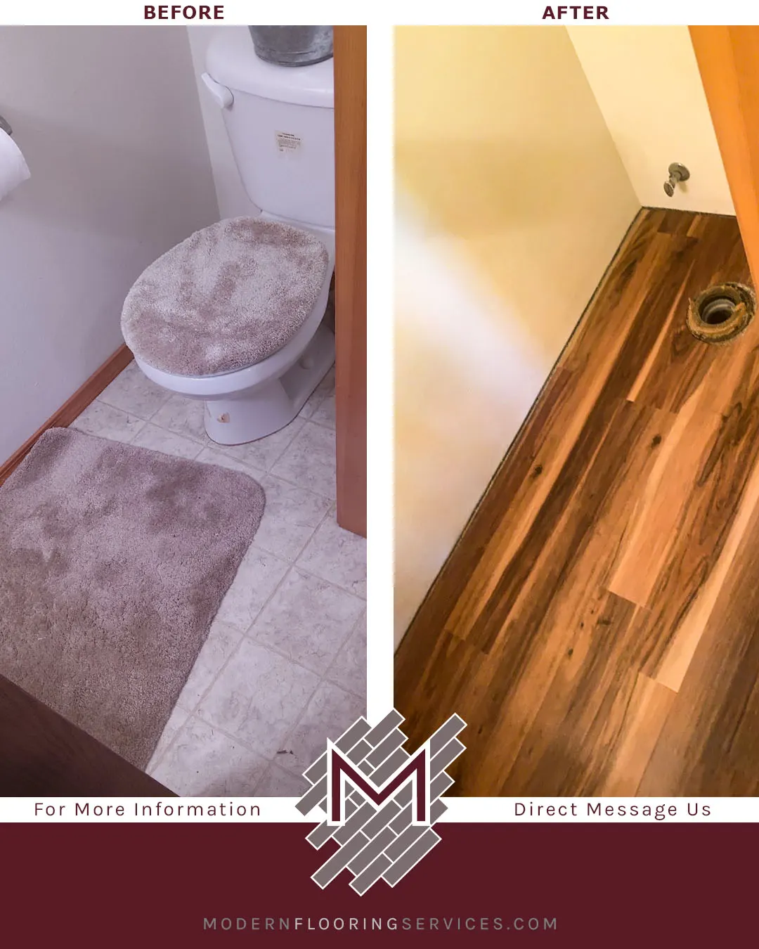Before and After. CoreLuxe Tobacco Road Acacia Rigid Vinyl Plank Flooring Installation.