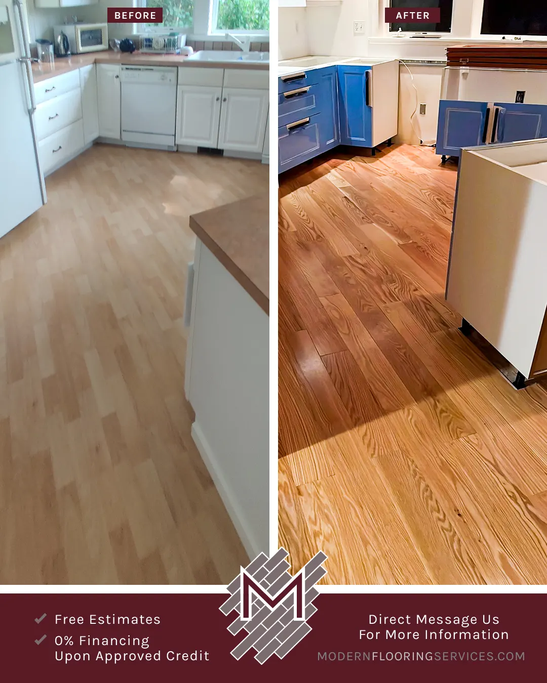 Before and After. Bellawood Red Oak Engineered Hardwood Flooring Installation.
