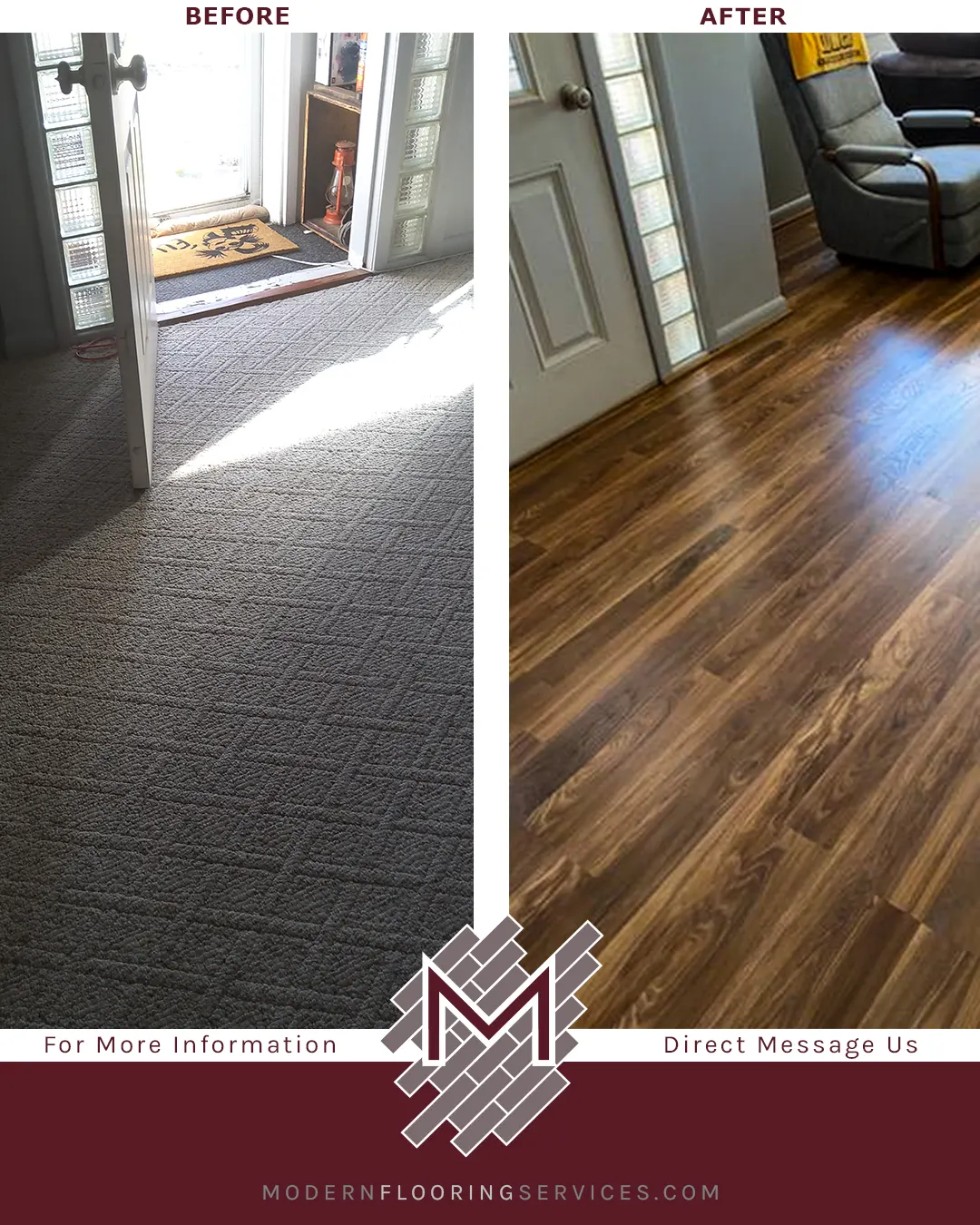 Before and After. Fairfield County Hickory Laminate Flooring Installation.