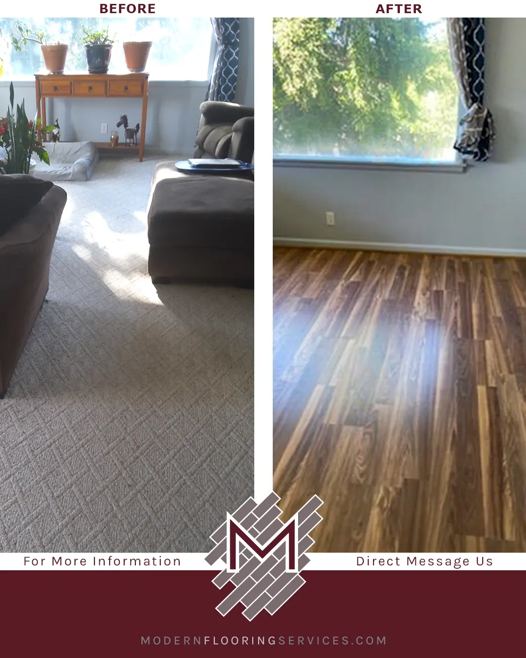 Before and After. Fairfield County Hickory Laminate Flooring Installation.
