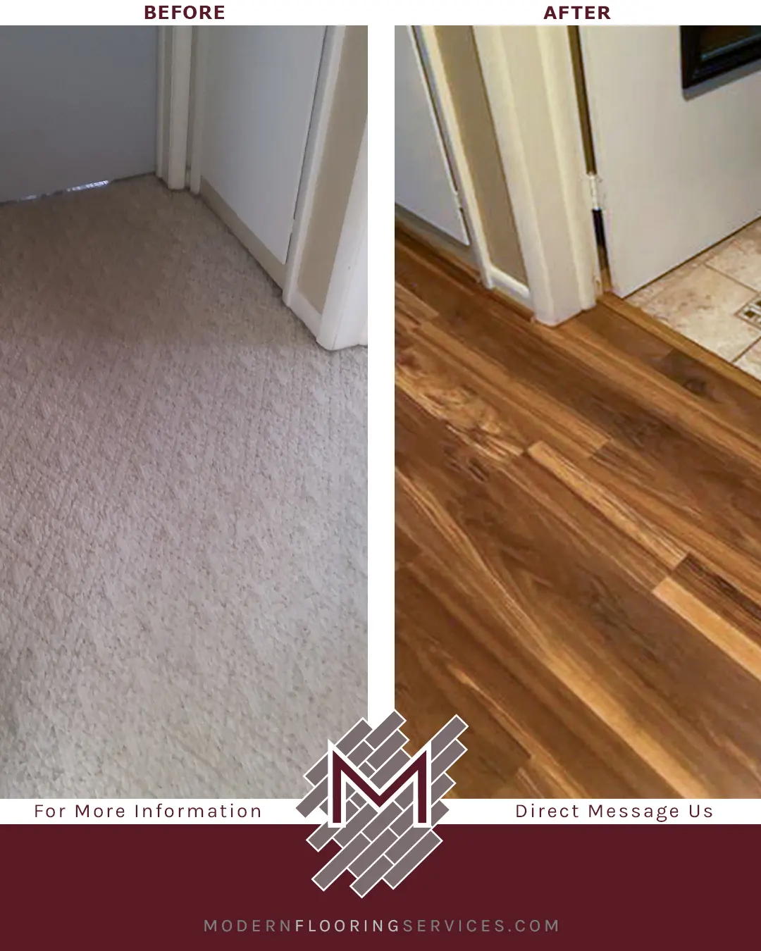 Before and After. Fairfield County Hickory Laminate Flooring Installation.