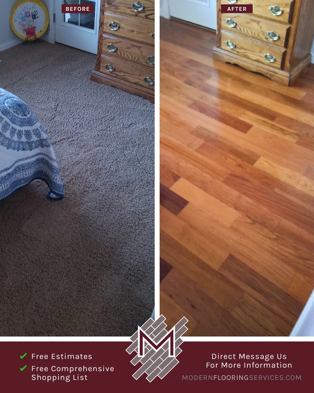 Before and After. Hardwood Flooring Installation By Modern Flooring Services.