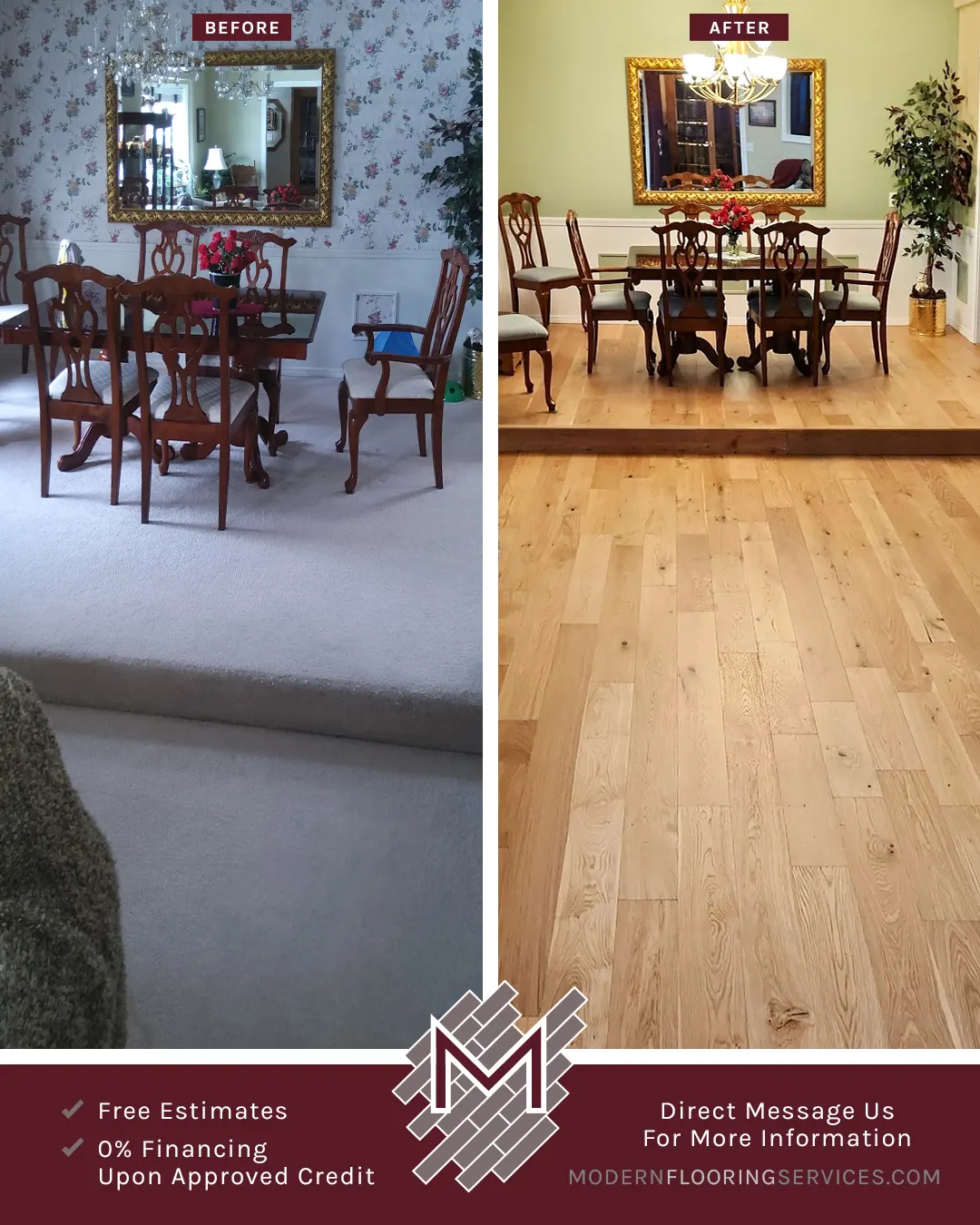 Before and After. Blue Ridge Oak Distressed Engineered Hardwood Flooring Installation.