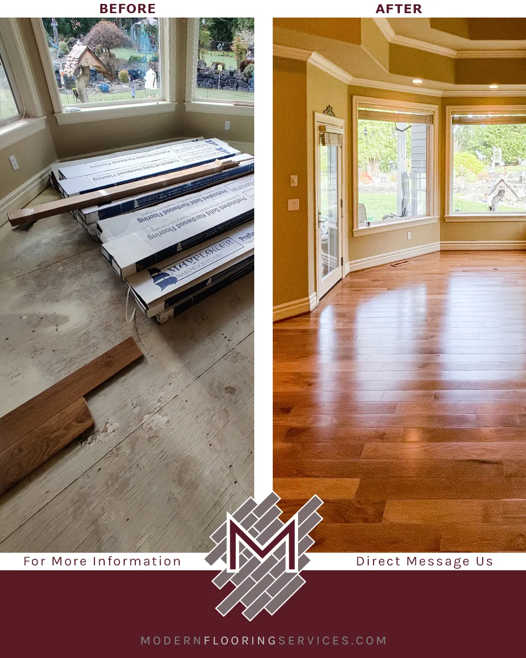 Before and After. Mayflower Warm Spice Oak Solid Hardwood Flooring Installation.