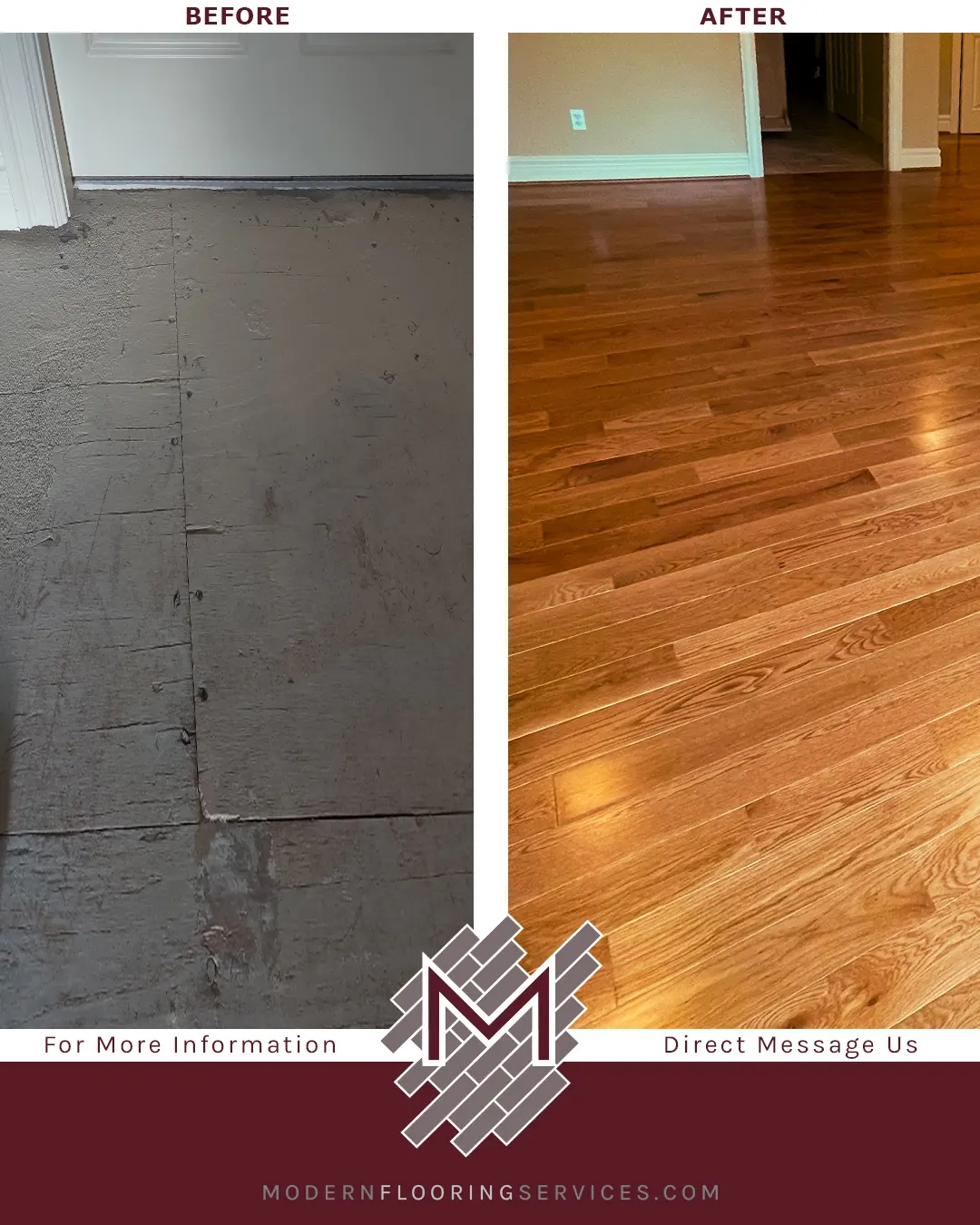 Before and After. Mayflower Warm Spice Oak Solid Hardwood Flooring Installation.