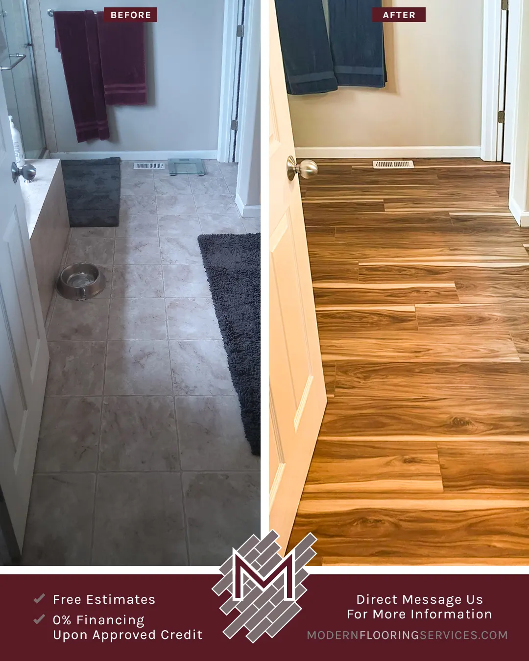 Before and After. Click Vinyl Plank Flooring Installation.