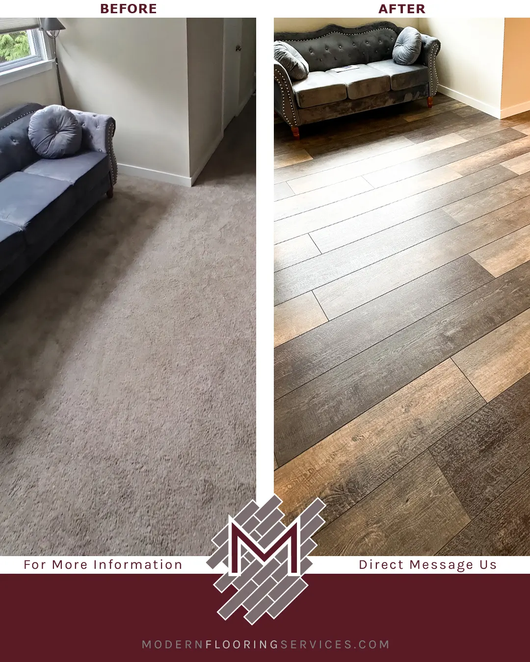 Before and After. CoreLuxe Ultra Urban Loft Ash Waterproof Rigid Vinyl Plank Flooring Installation.
