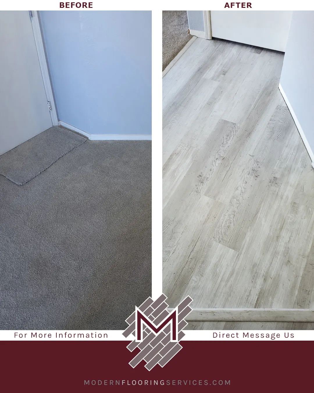 Before and After. Coreluxe New Point Coastal Pine Rigid Vinyl Plank Flooring Installation.