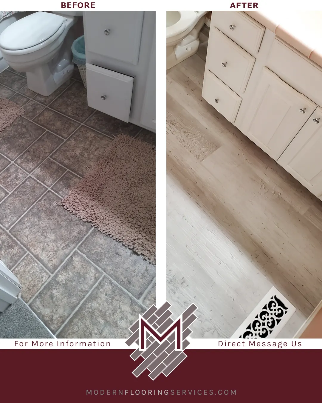 Before and After. Coreluxe New Point Coastal Pine Rigid Vinyl Plank Flooring Installation.