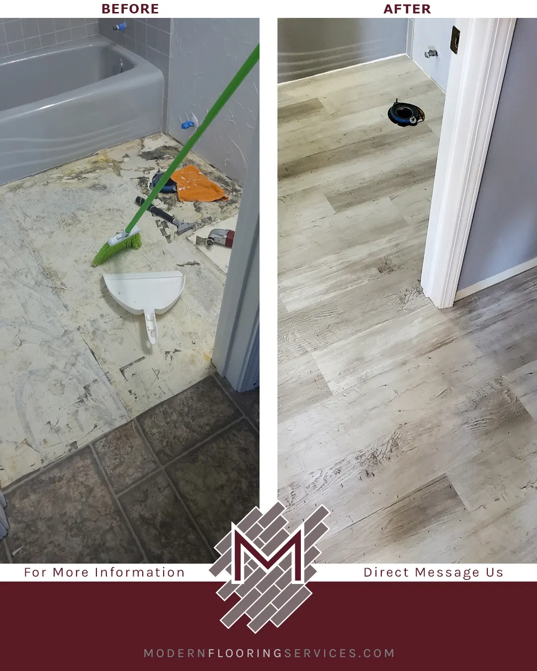 Before and After. Coreluxe New Point Coastal Pine Rigid Vinyl Plank Flooring Installation.