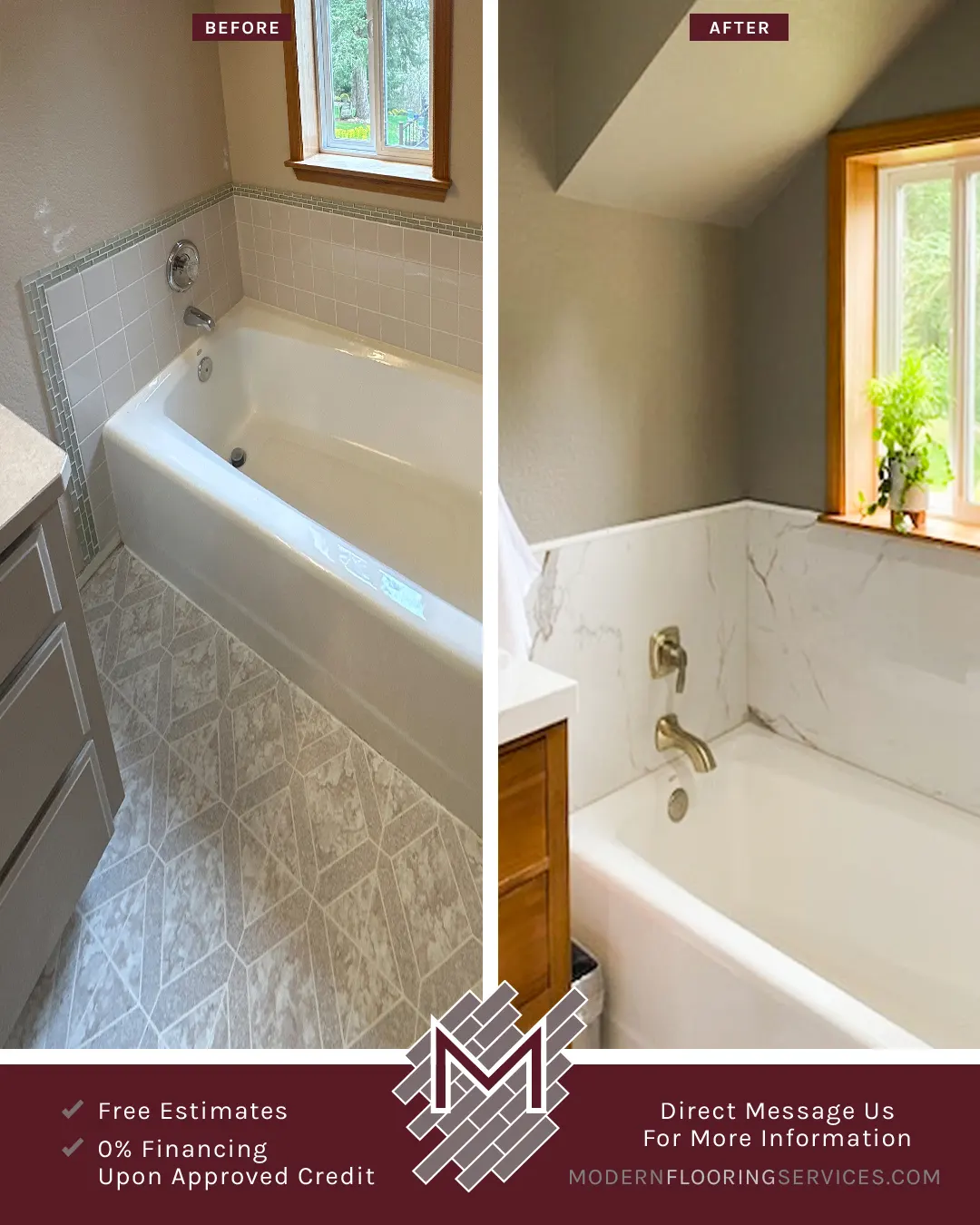 Before and After. Rossalini Polished Porcelain Tile Wall and Flooring Installation By Modern Flooring Services.