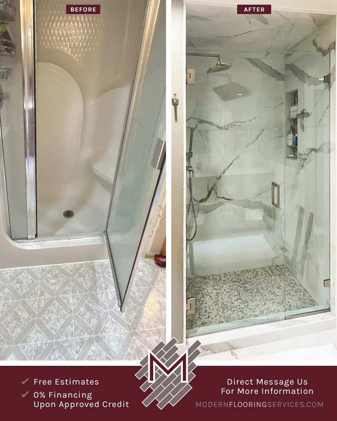 Before and After. Rossalini Polished Porcelain Tile Wall and Flooring Installation By Modern Flooring Services.
