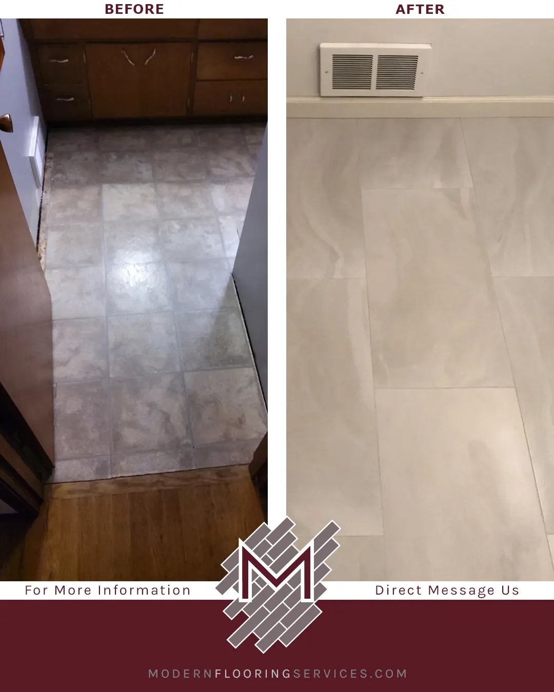 Before and After. Custom Wall and Tile Flooring Bathroom Remodel.