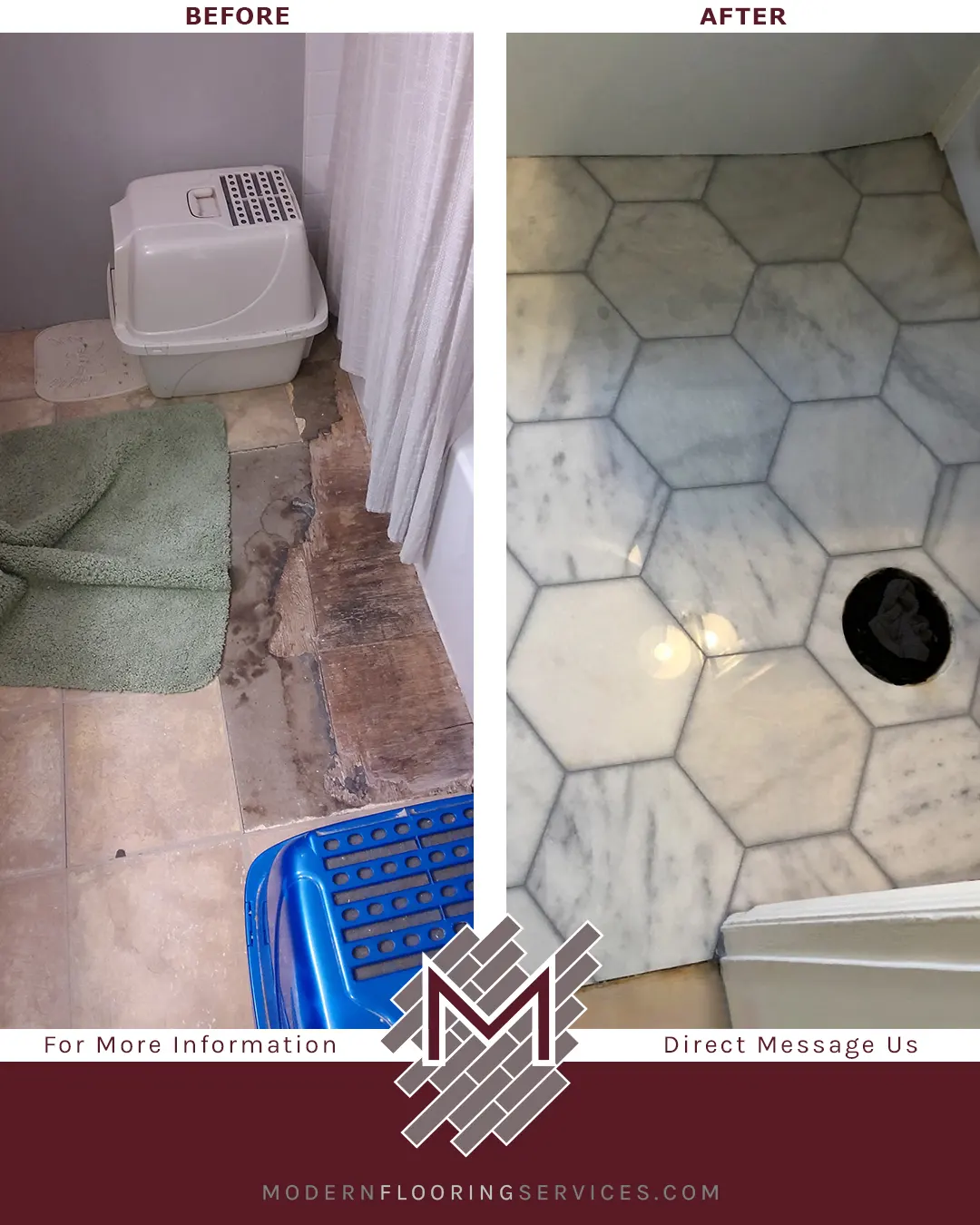Before and After. Custom Wall and Tile Flooring Bathroom Remodel.