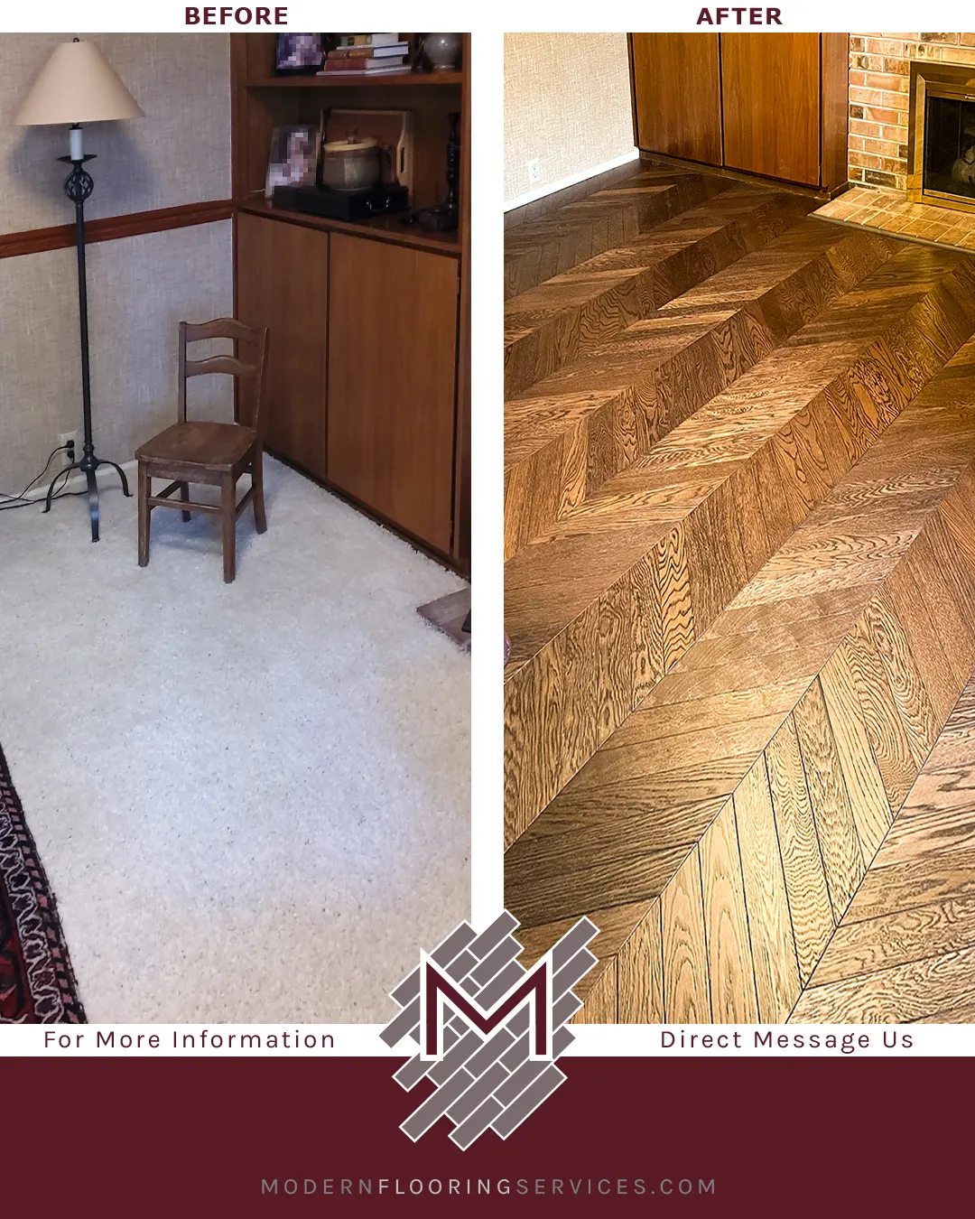 Before and After. Bellawood Artisan Manhattan Chevron Engineered Hardwood Flooring Installation.