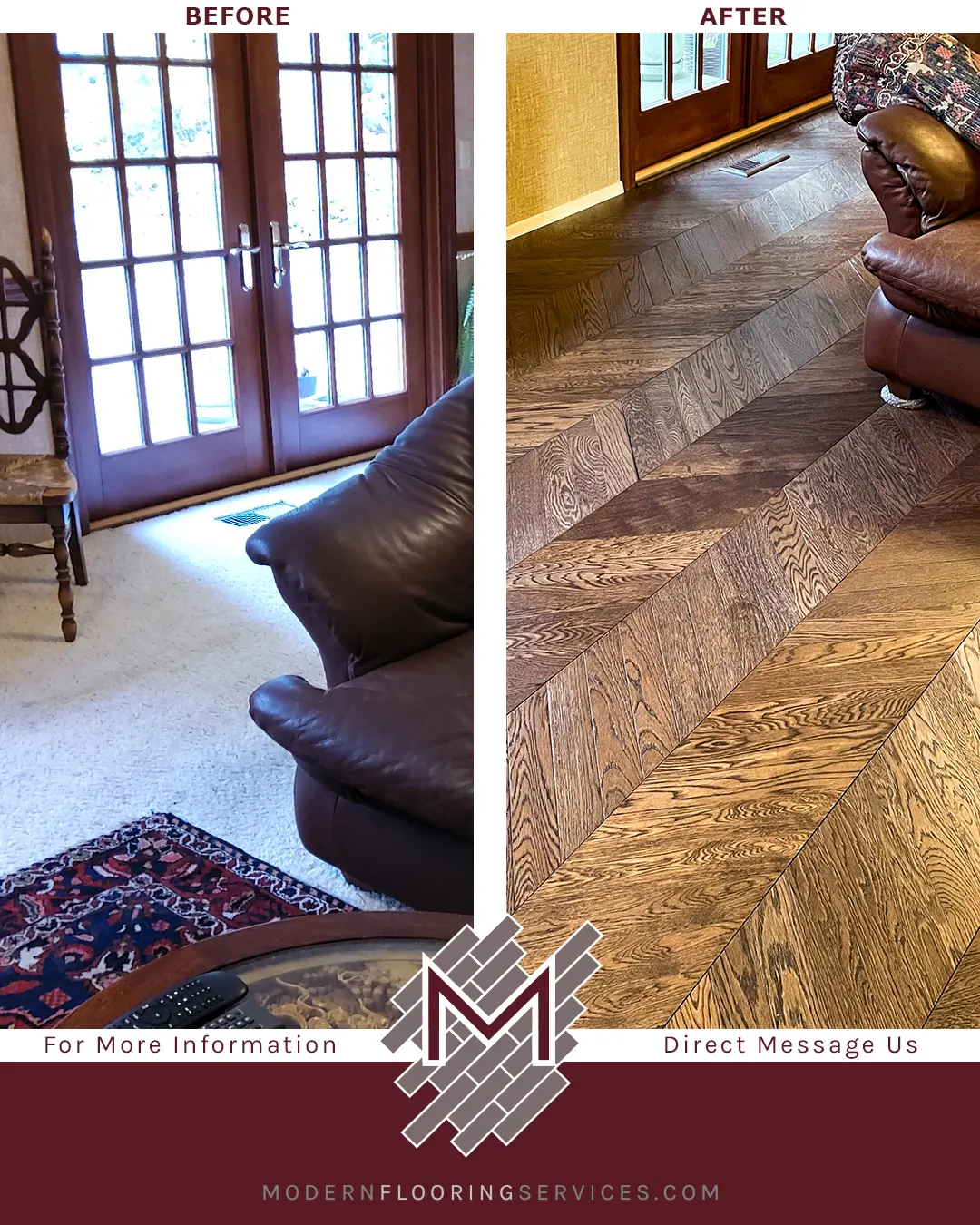 Before and After. Bellawood Artisan Manhattan Chevron Engineered Hardwood Flooring Installation.