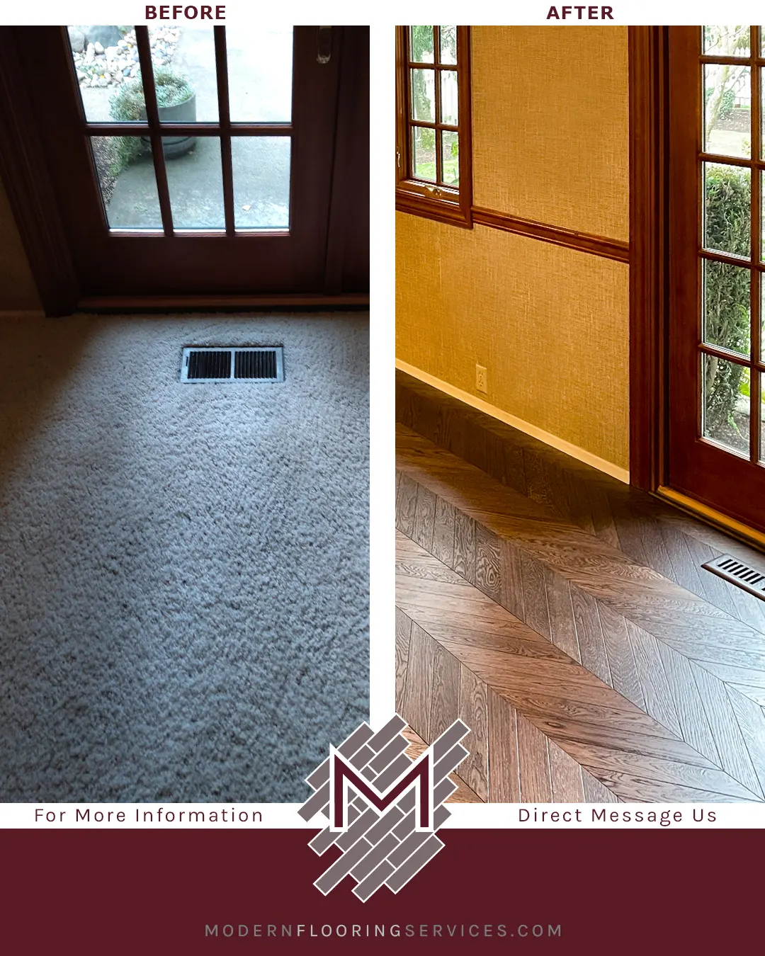 Before and After. Bellawood Artisan Manhattan Chevron Engineered Hardwood Flooring Installation.