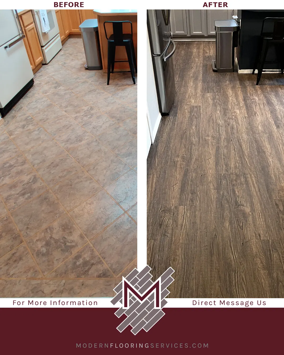 Before and After. CoreLuxe Ultra Rose Canyon Pine Waterproof Rigid Vinyl Plank Flooring Installation.