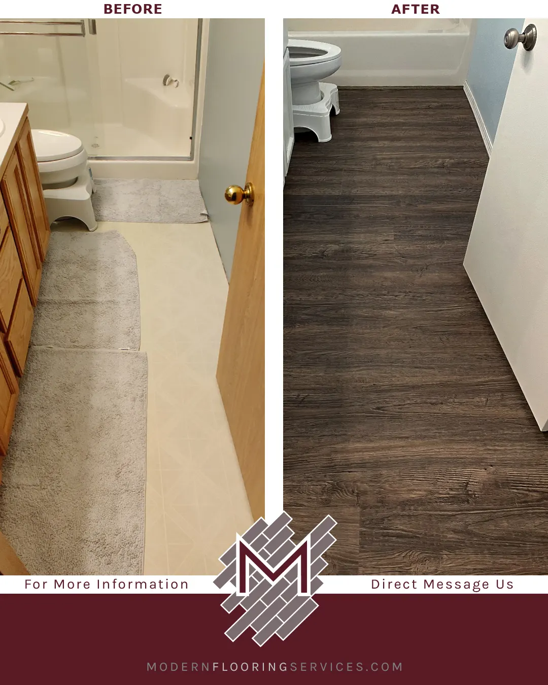 Before and After. CoreLuxe Ultra Rose Canyon Pine Waterproof Rigid Vinyl Plank Flooring Installation.