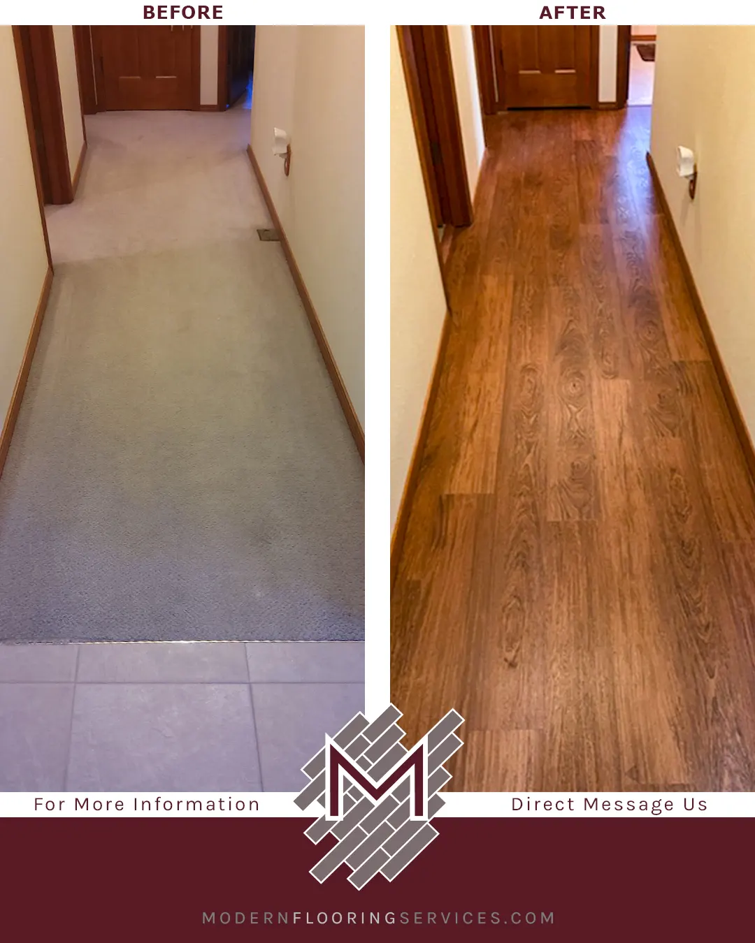Before and After. CoreLuxe Ultra Brazilian Cherry Rigid Vinyl Plank Flooring Installation
