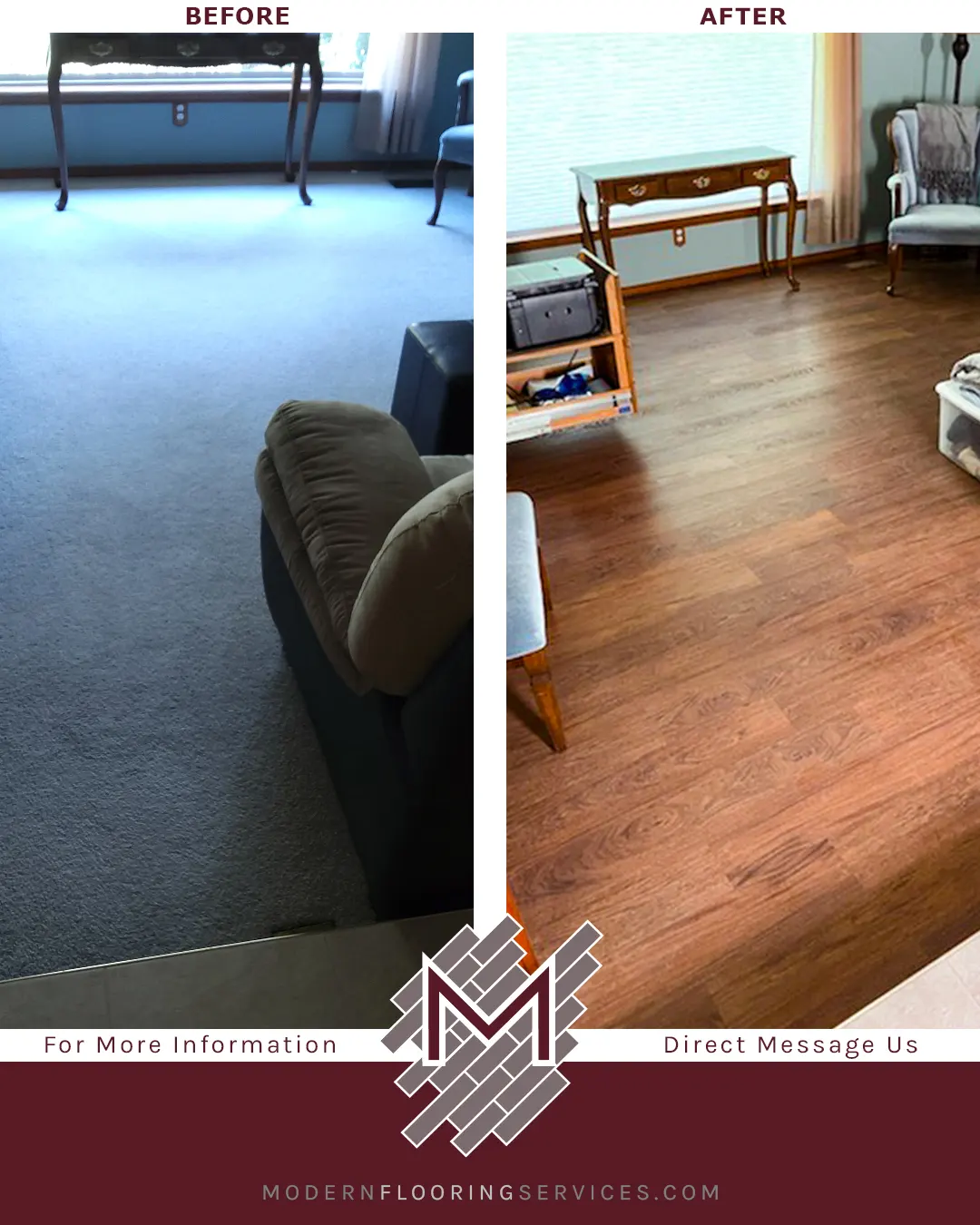 Before and After. CoreLuxe Ultra Brazilian Cherry Rigid Vinyl Plank Flooring Installation
