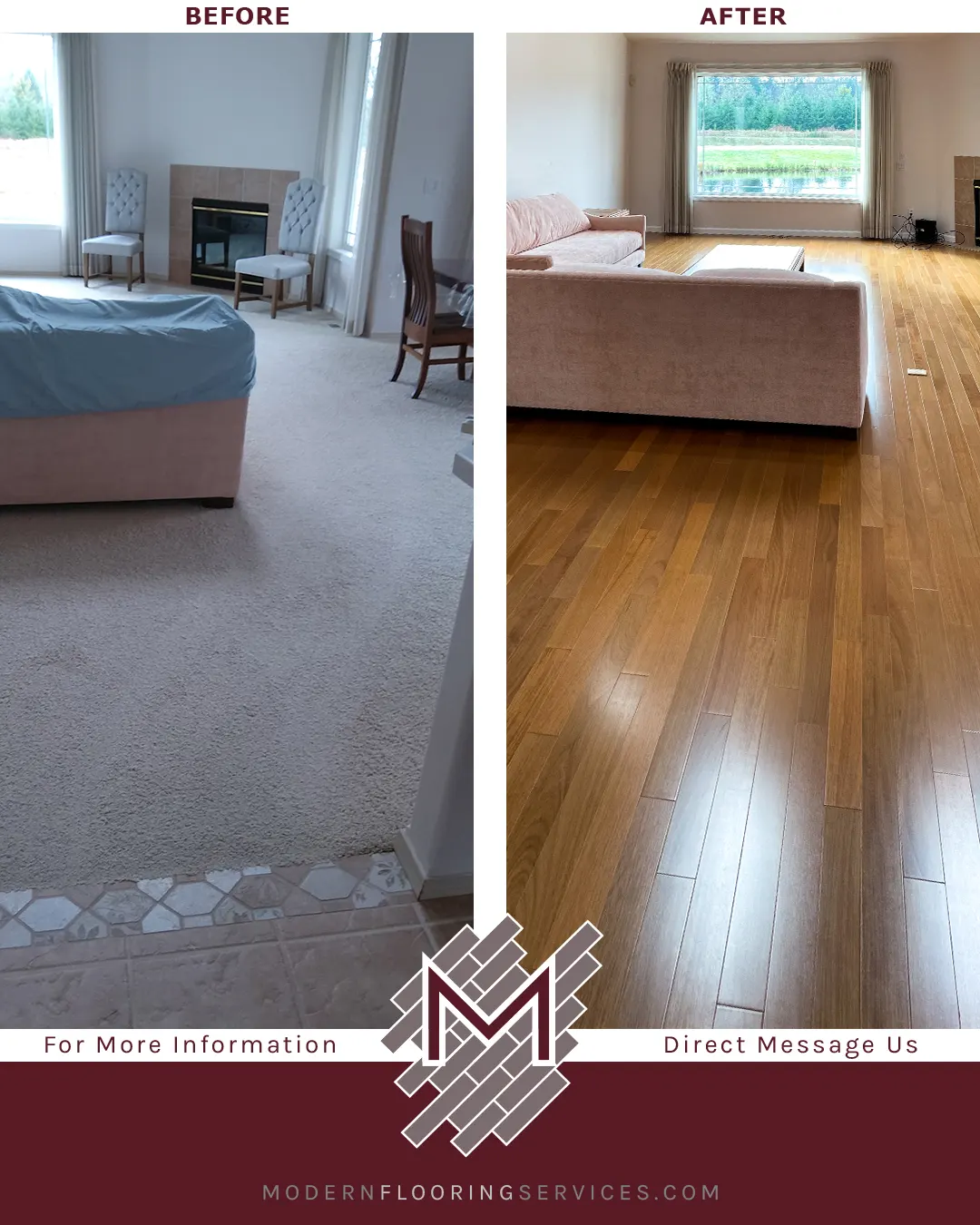 Before and After. Bellawood Amber Brazilian Oak Solid Hardwood Flooring Installation.