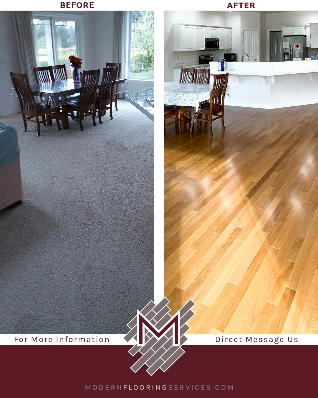 Before and After. Bellawood Amber Brazilian Oak Solid Hardwood Flooring Installation.