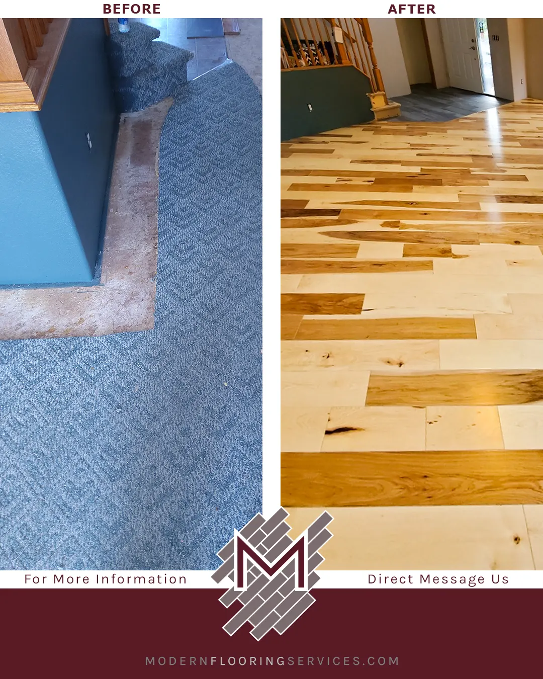 Before and After. American Hickory Hardwood Flooring Installation.