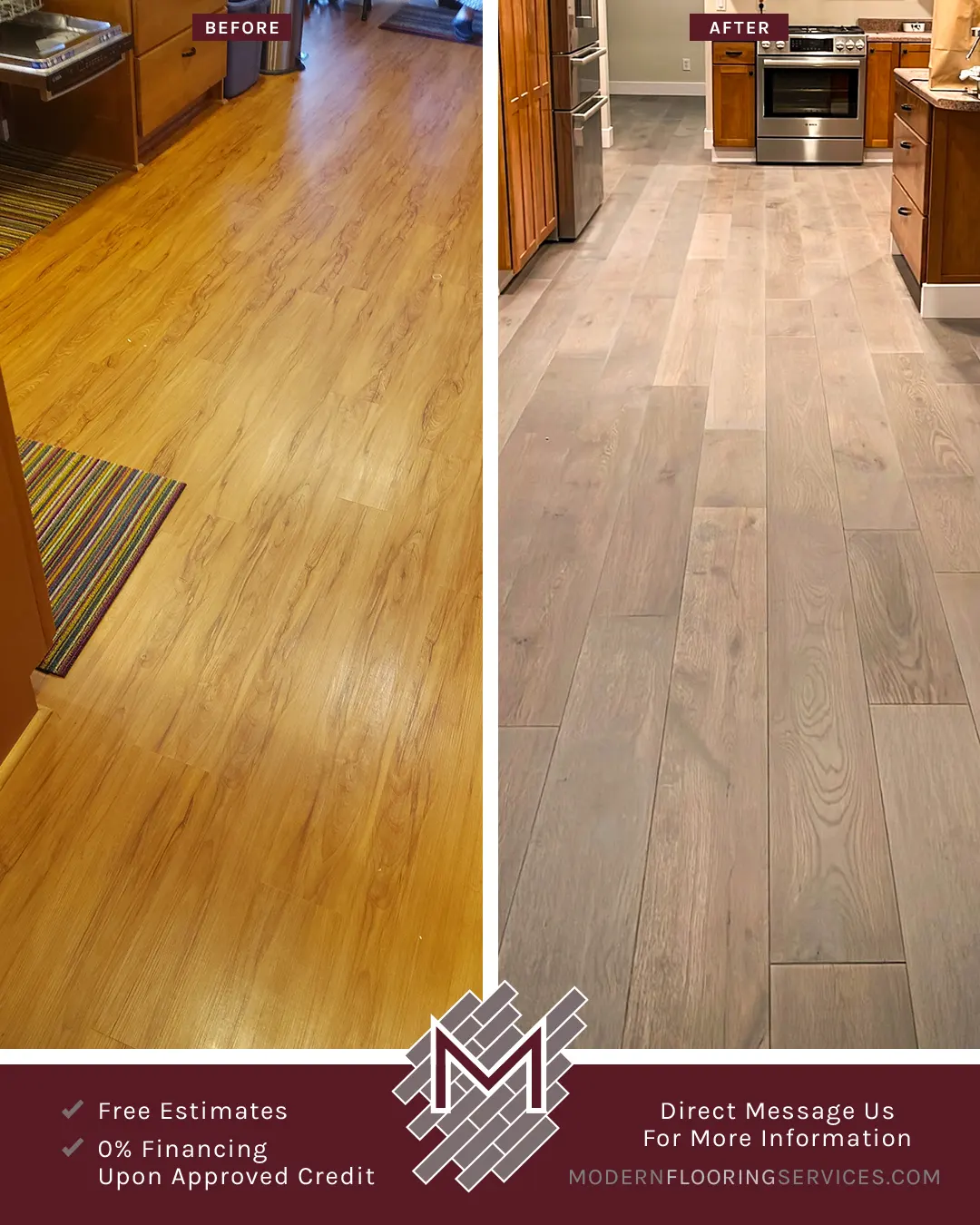 Before and After. White Oak Engineered Hardwood Flooring Installation By Modern Flooring Services.